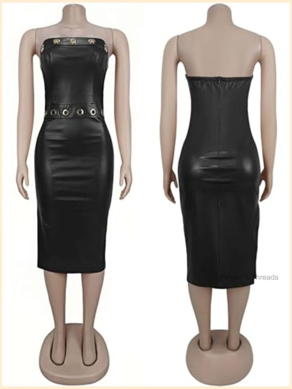 Strapless Faux Leather Midi Dress Bodycon Cocktail Clubwear Side Slit - Picture 6 of 7